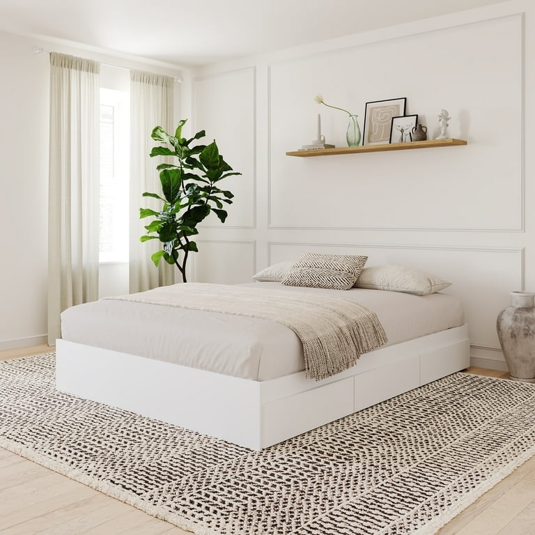 White Platform Storage Bed Minimalist Frame Integrated Drawers