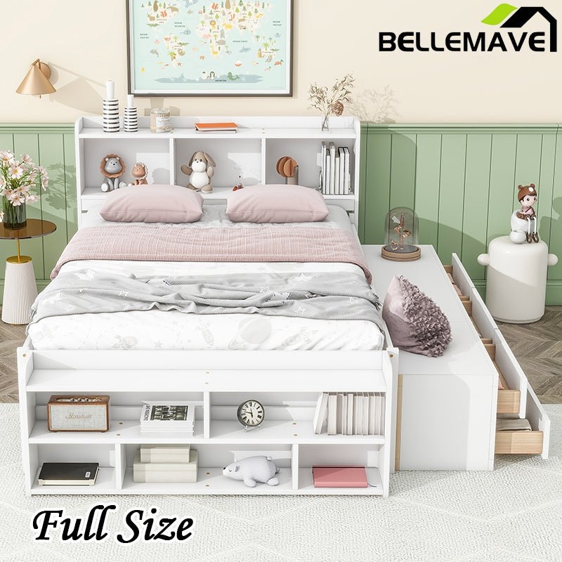 White Platform Storage Bed with Bookcase Headboard and Cubby Footboard
