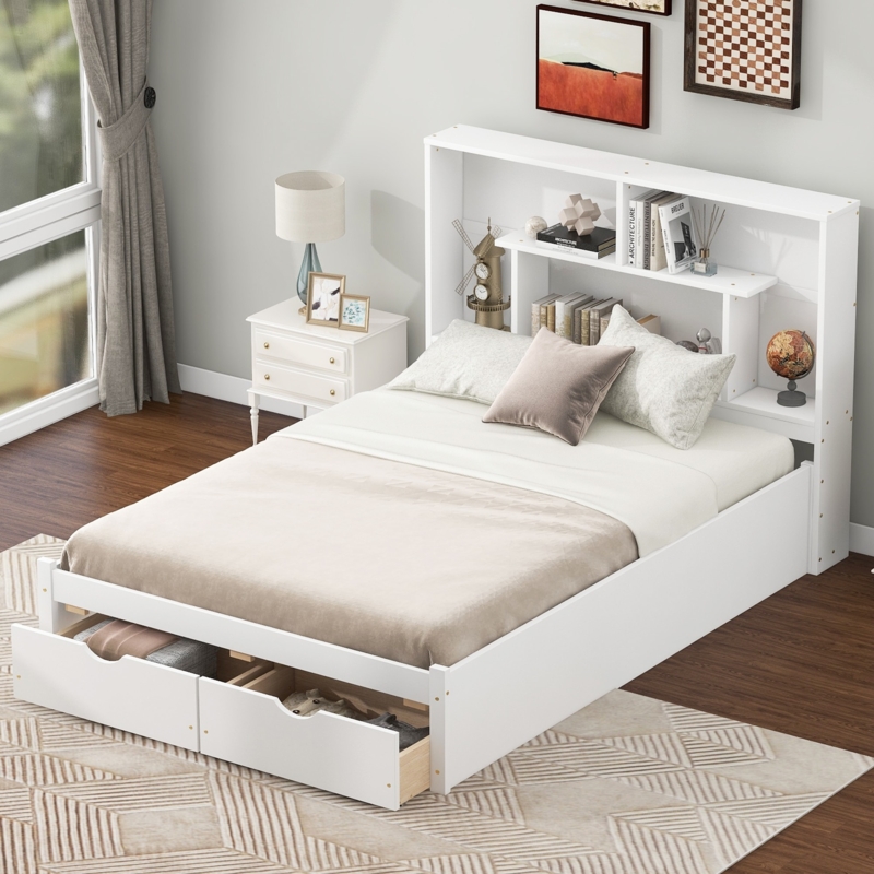 White Platform Storage Bed with Integrated Bookcase Headboard