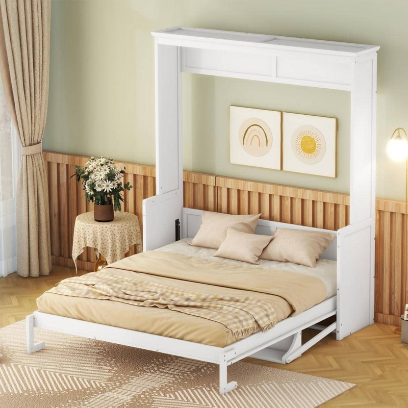 White Queen Murphy Bed with Top Storage Shelf and Scandinavian Style