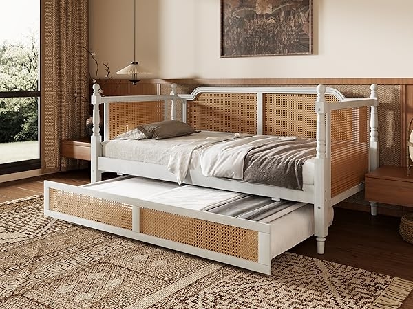 White Rattan Daybed Turned Posts Traditional Style Pull Out Trundle