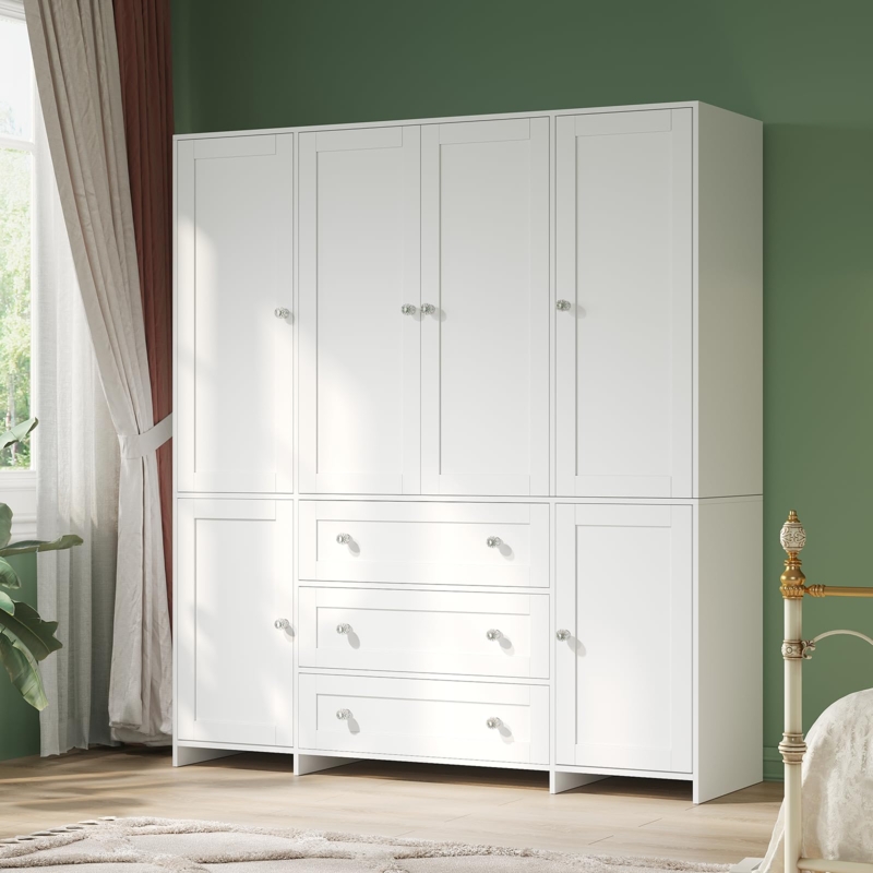 White Shaker Style Armoire with Six Doors and Central Drawer Stack