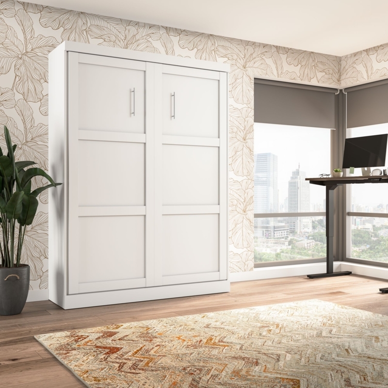 White Shaker Wall Bed Cabinet with Vertical Pulls, Matte Finish