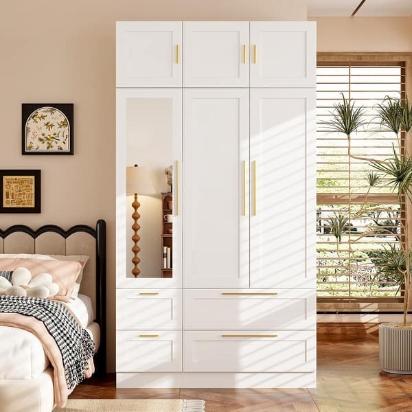 White Shaker Wardrobe Closet with Gold Hardware and Mirror