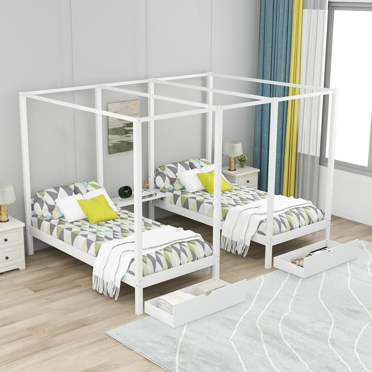 White Shared Canopy Bed System with Integrated Desk and Drawers