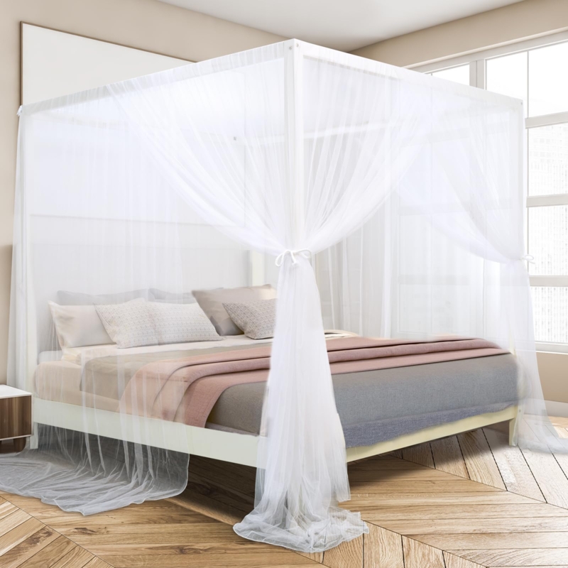 White Sheer Netting Canopy Curtains with Pooling Hemline Drapes