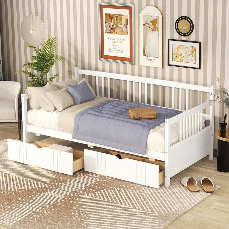 White Slatted Wood Daybed with Two Underbed Storage Drawers