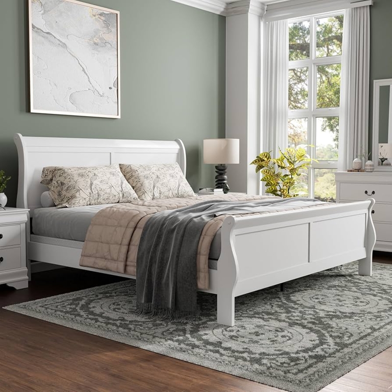 White Sleigh Bed Recessed Panels Painted Finish