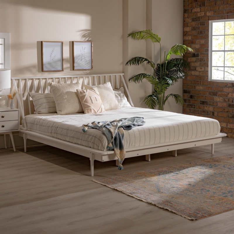 White Spindle Bed Frame, Modern Boho Platform Style