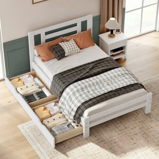 White Storage Bed Frame Slatted Headboard Modern Farmhouse Drawers