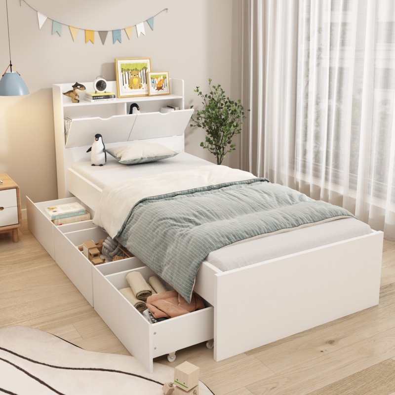 White Storage Bed: Headboard Shelves & Underbed Drawers Twin Size