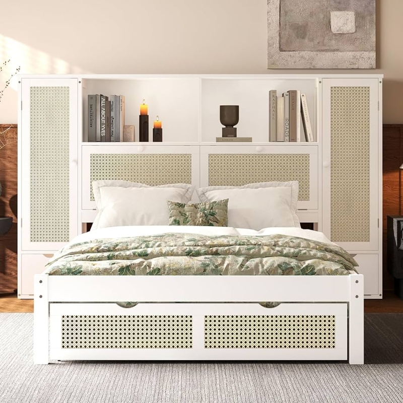 White Storage Bed Integrated Bookcase Headboard Rattan Inlays