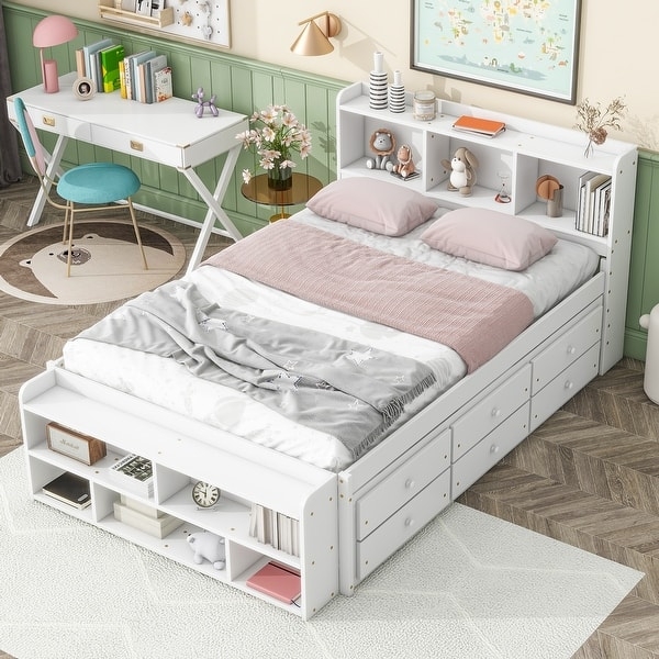 White Storage Bed Six Drawer Base Bookcase Headboard Platform