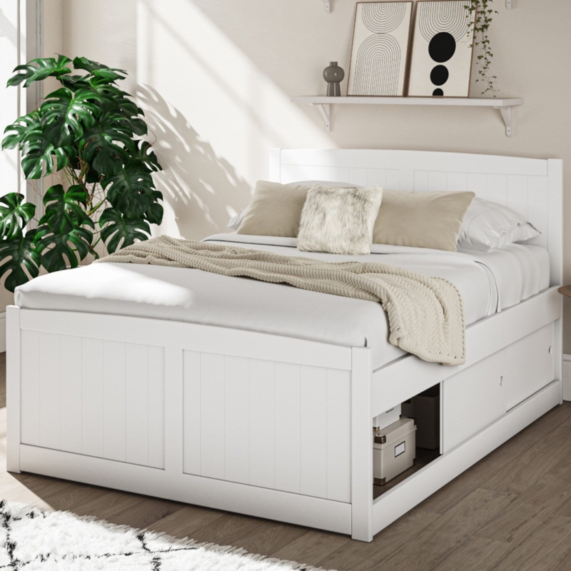 White Storage Bed with Beadboard and Integrated Drawers