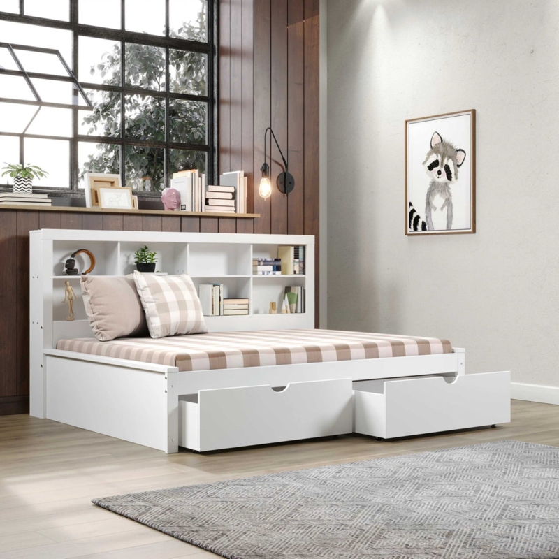 White Storage Bed with Bookcase Headboard and Two Underbed Drawers