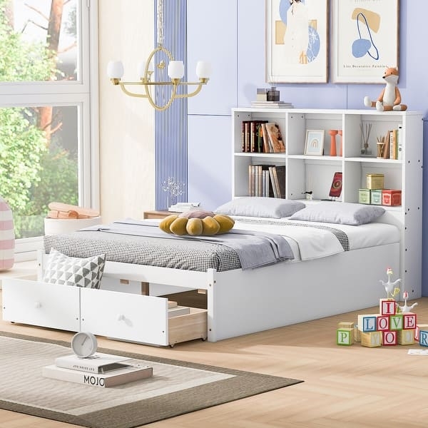 White Storage Bed with Built In Shelving and Underbed Drawers