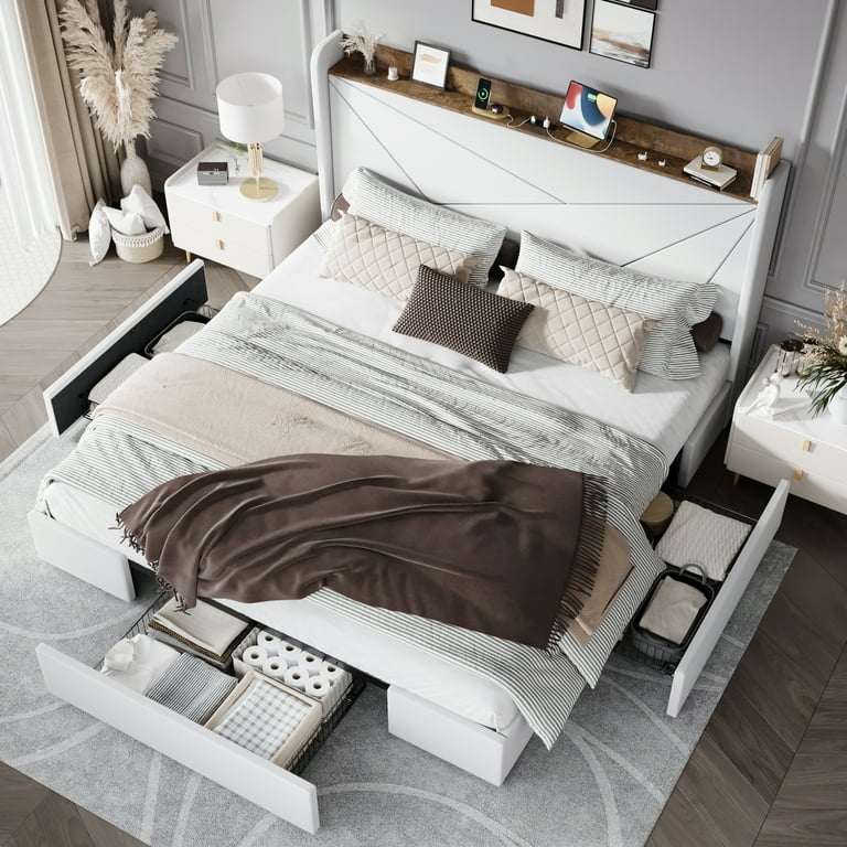 White Storage Bed with Geometric Wingback Headboard