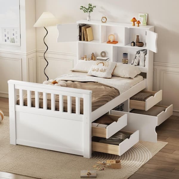 White Storage Bed with Hutch Headboard and Four Underbed Drawers