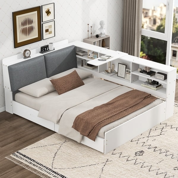 White Storage Bed with Integrated L-Shaped Shelving and Desk Tray.