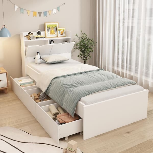 White Storage Bed with Rolling Drawers and Multifunctional Headboard