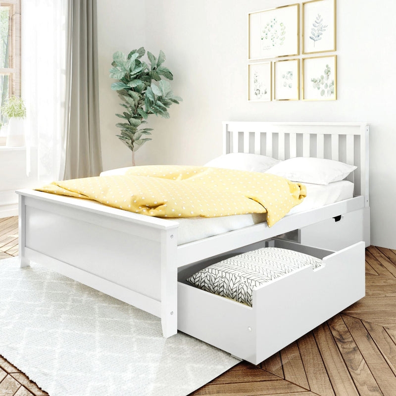 White Storage Bed with Slatted Headboard and Modern Farmhouse Style