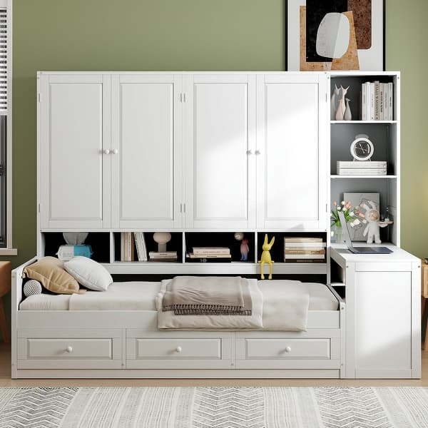 White Storage Daybed With Desk, Shaker Cabinets, All-In-One System