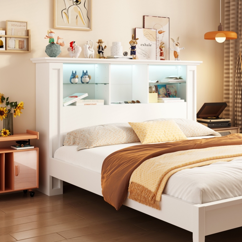 White Storage Headboard with Integrated LED Lighting and Glass Shelves
