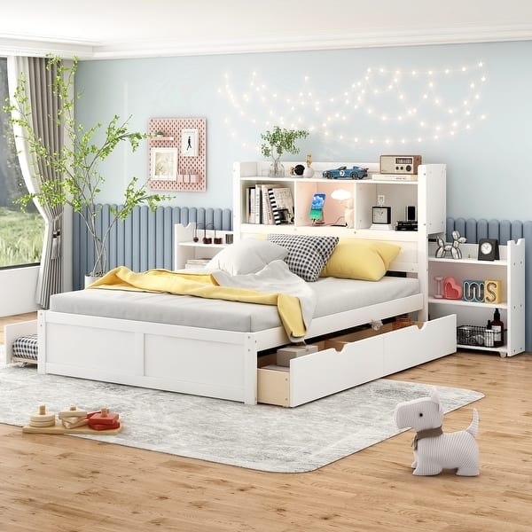 White Storage Platform Bed with Trundle & Pull-Out Shelves