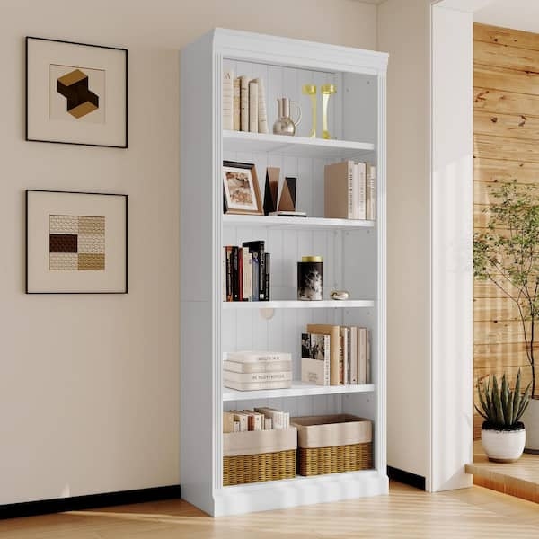 White Tall Bookcase with Beadboard Back and Crown Molding