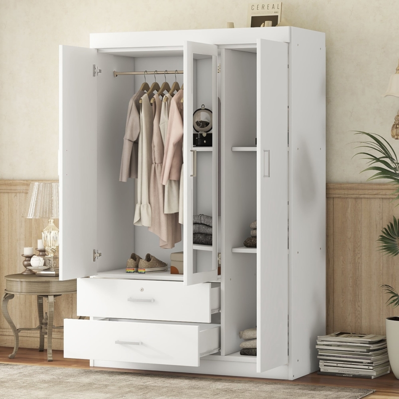 White Three Door Wardrobe featuring Central Mirror and Locking Drawer