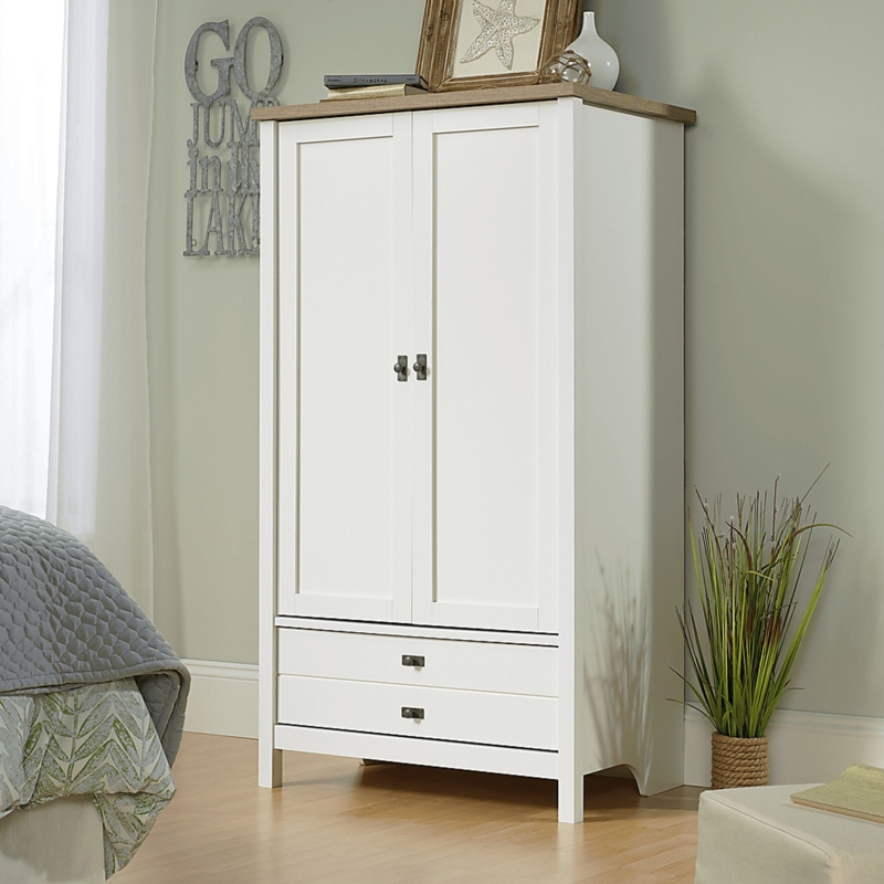 White Transitional Armoire Cabinet with Wood Toned Top Surface