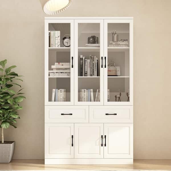 White Transitional Bookcase with Glass Doors and Drawers