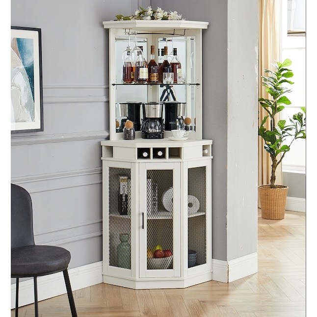 White Transitional Corner Bar Cabinet with Mirrored Hutch