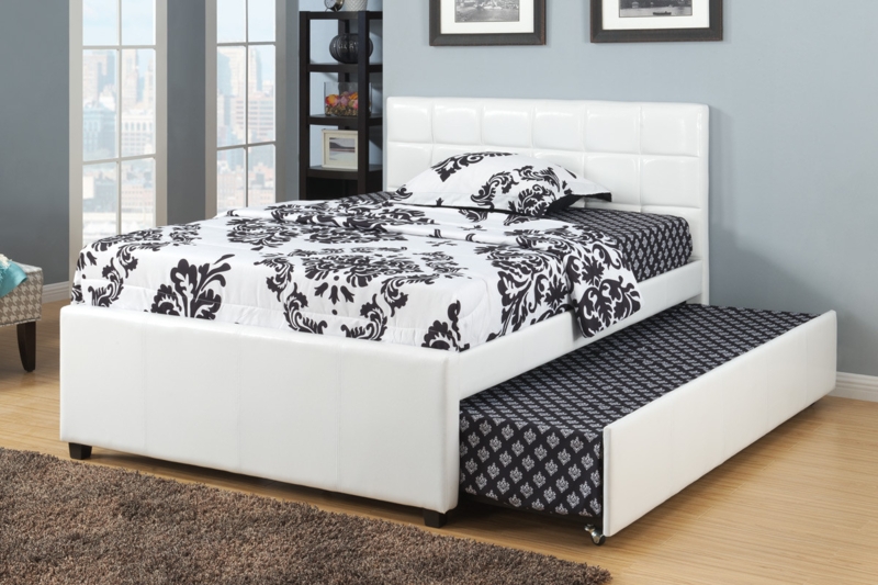 White Trundle Bed with Grid Tufted Headboard and Upholstered Finish.
