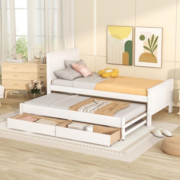White Trundle Bed with Integrated Dual Storage Drawers