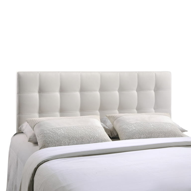 White Tufted Headboard Faux Leather Grid Pattern Padded Panels Clean Style