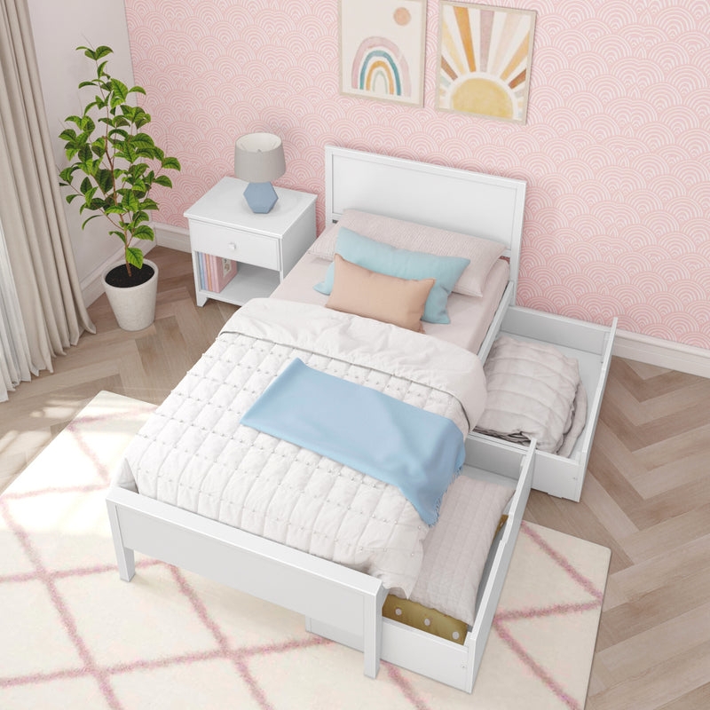 White Twin Bed with Clean Panel Headboard and Integrated Drawers