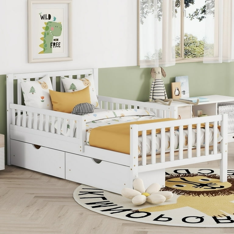 White Twin Bed with Fence Style Safety Rails and Dual Drawers