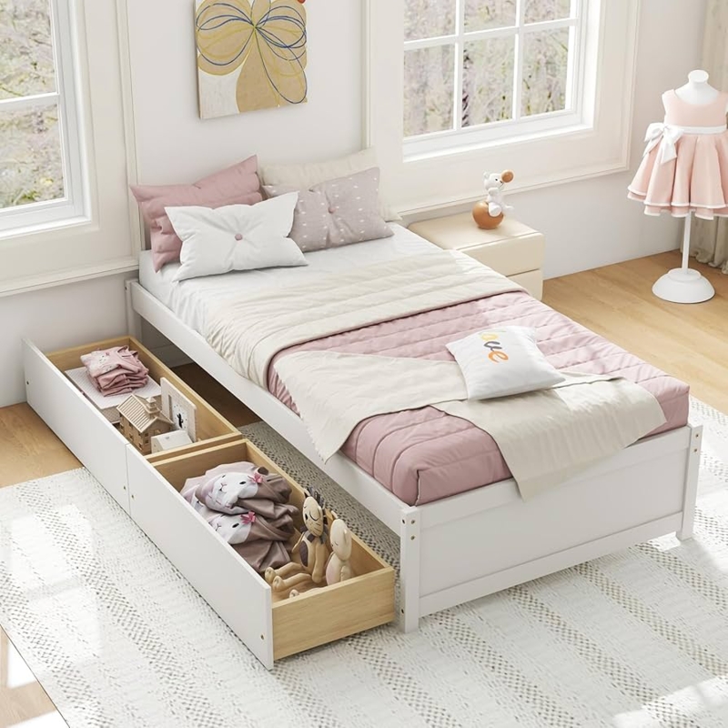 White Twin Frame Storage Bed with Dual Pull-Out Drawers