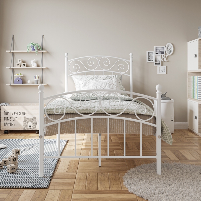 White Twin Metal Platform Bed Frame with Whimsical Scrolled Design