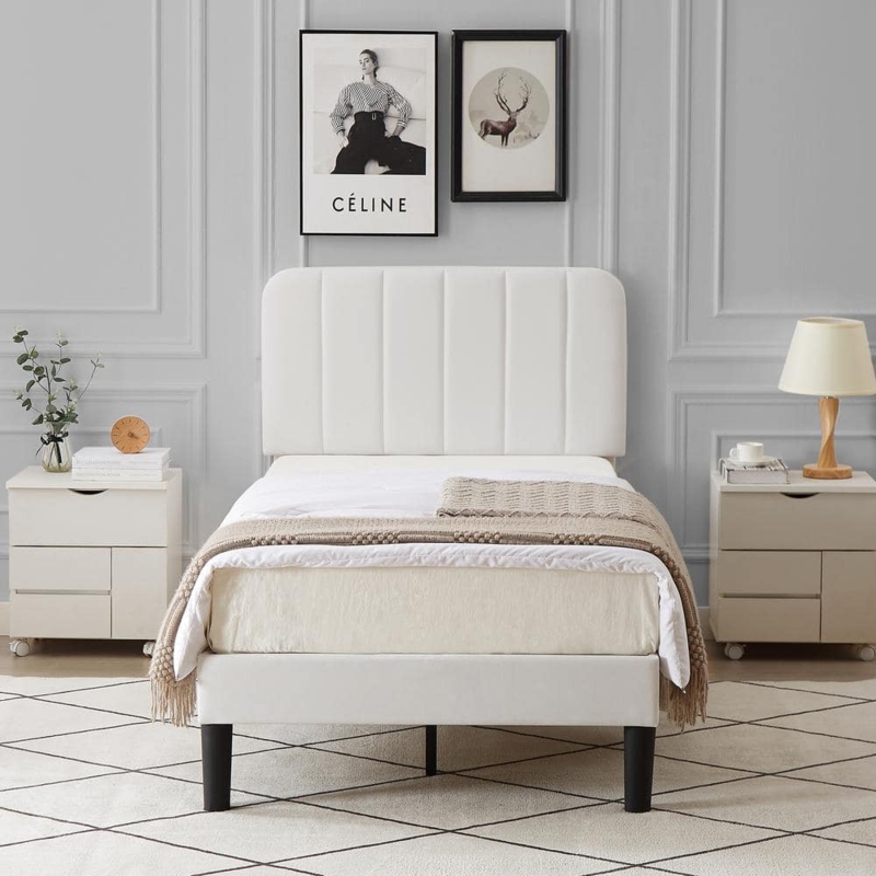White Twin Platform Bed Black Tapered Legs Vertical Tufting