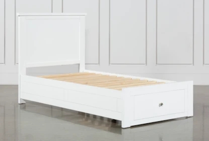 White Twin Platform Bed with Recessed Panels and Footboard Storage