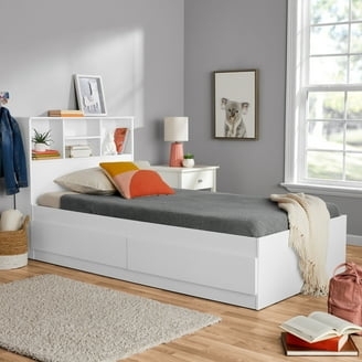 White Twin Storage Bed with Bookcase Headboard and Open Shelving