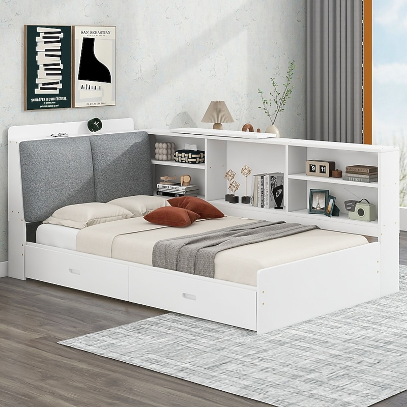 White Twin Storage Bed with Integrated Side Shelving and Upholstered Headboard
