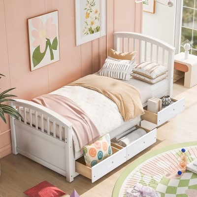 White Twin Storage Bed with Six Drawers and Slatted Arched Headboard