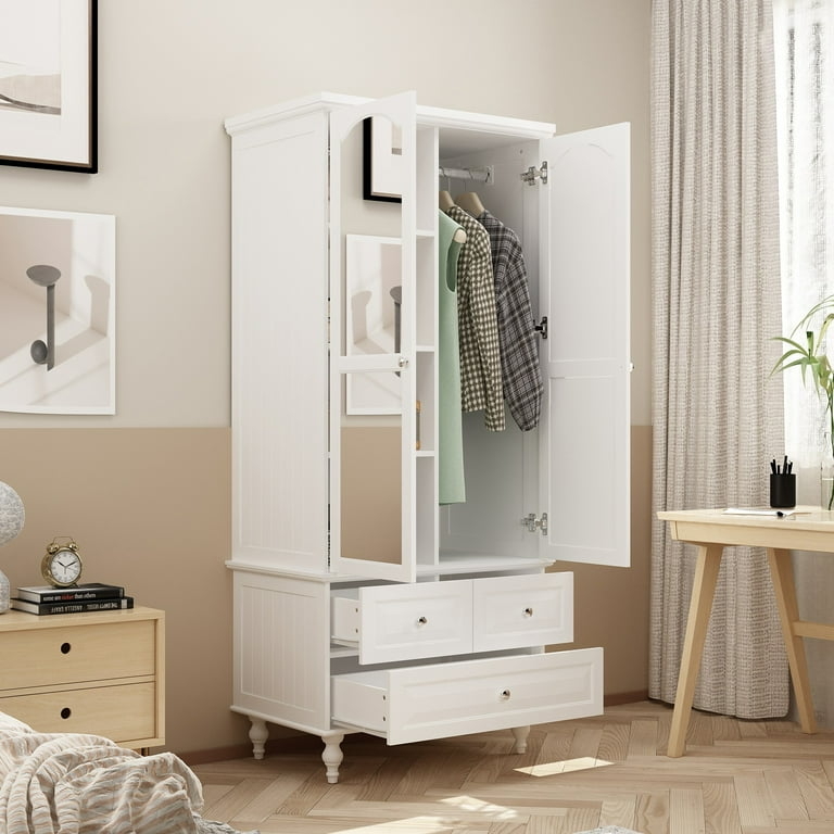 White Two Door Armoire with Mirrored Front and Tiered Drawer Storage
