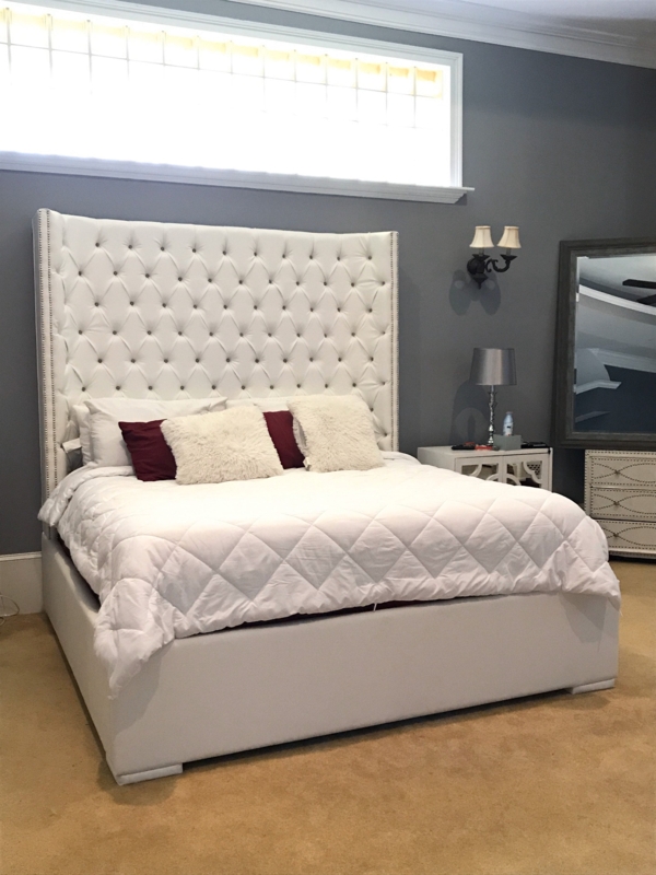 White Upholstered Bed Extra Tall Wingback Nickel Nailhead Trim