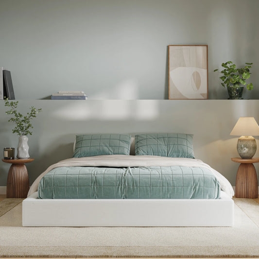 White Upholstered Low Profile Floor Bed Minimalist Design