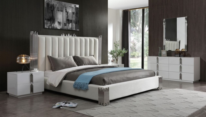 White Upholstered Platform Bed with Polished Stainless Steel Accents