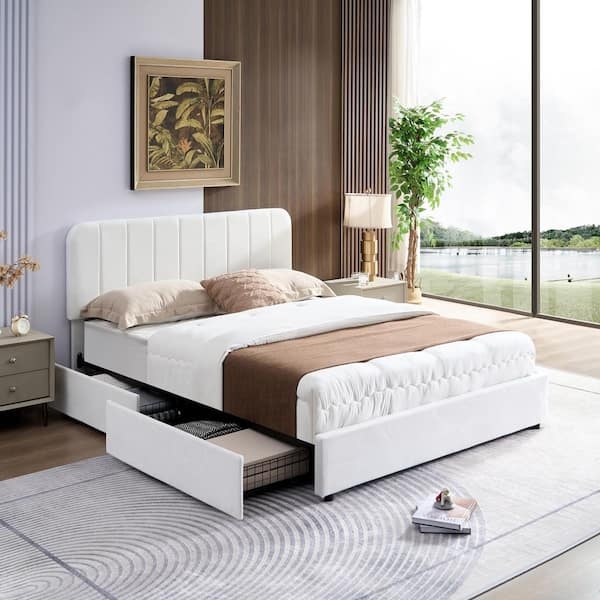 White Upholstered Storage Bed, Channel Tufted Headboard with Drawers